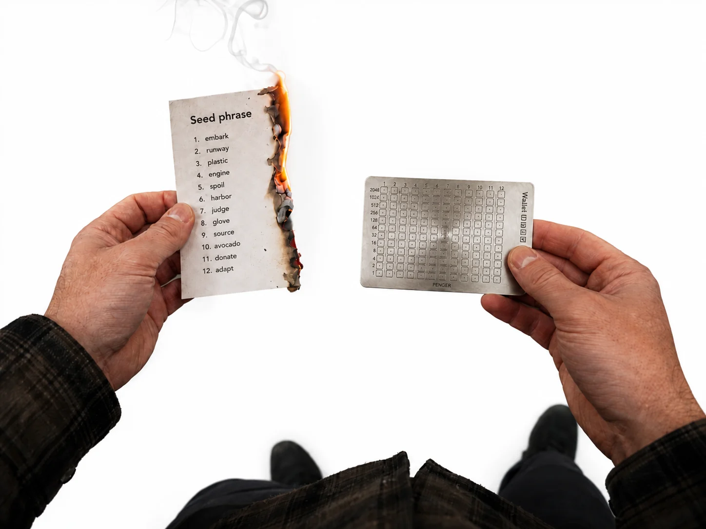 A paper recovery phrase being destroyed beside a PENGER metal backup