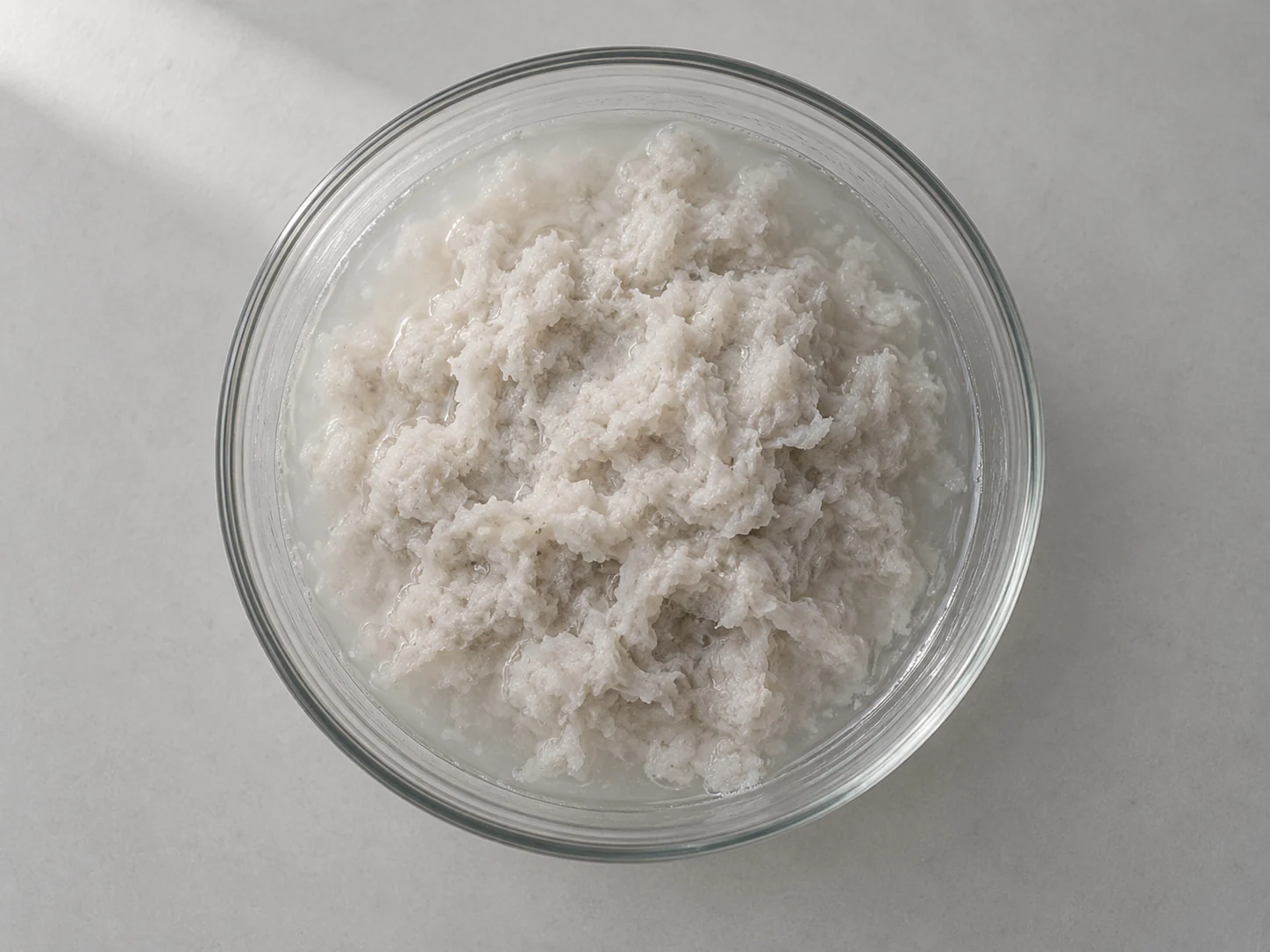 Fully macerated paper pulp in a glass dish with no writing or page structure